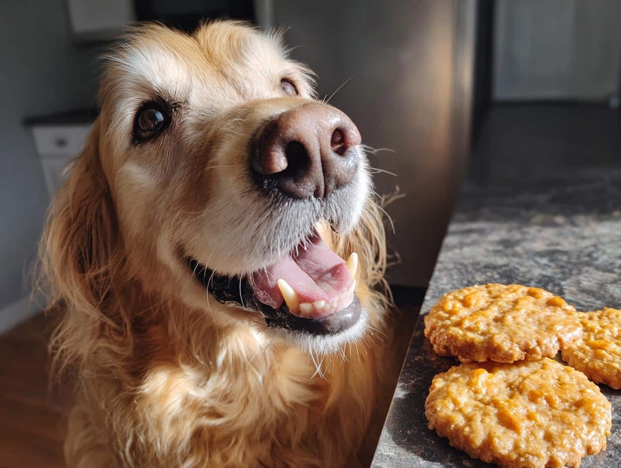Happy Golden Retriever looking at Pumpkin Peanut Butter Biscuits. Recipe for Dogs.