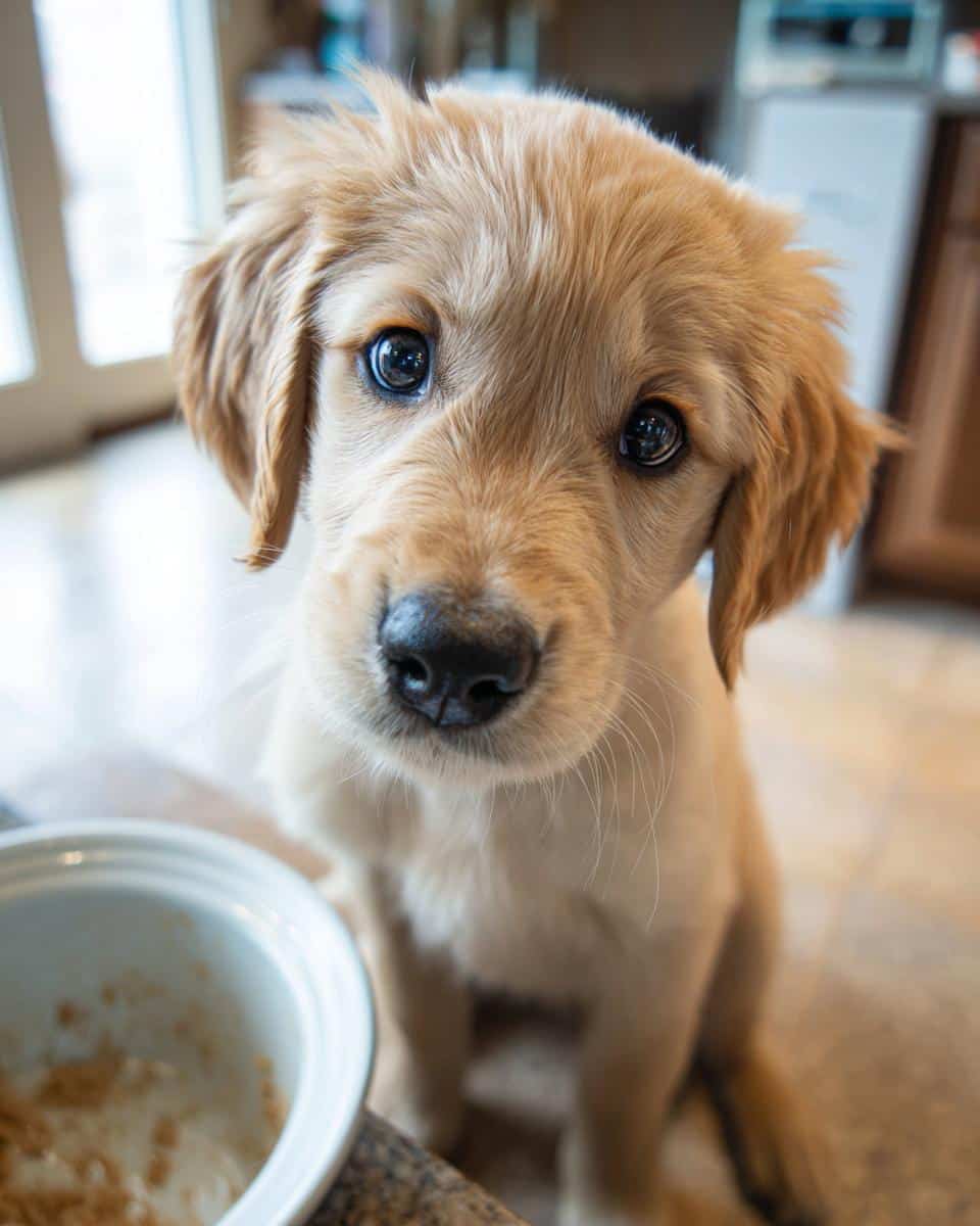 Golden Retriever puppy looking at the camera next to a bowl, likely after eating Ground Turkey & Sweet Potato Puppy Dog Meal.