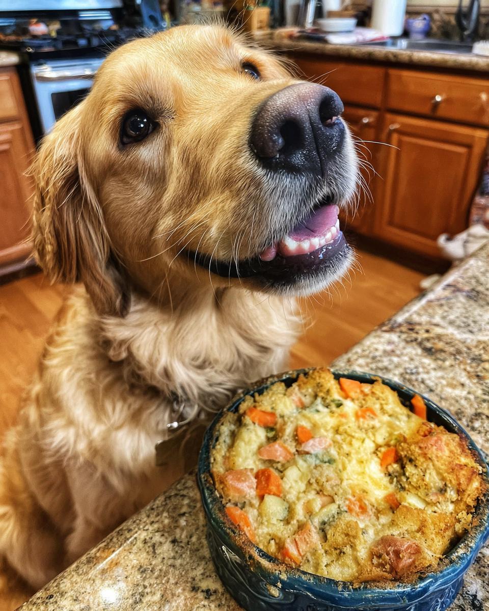Golden Retriever eagerly awaits a Salmon & Egg Dog Food Bowl. Focus on the dog and the bowl.
