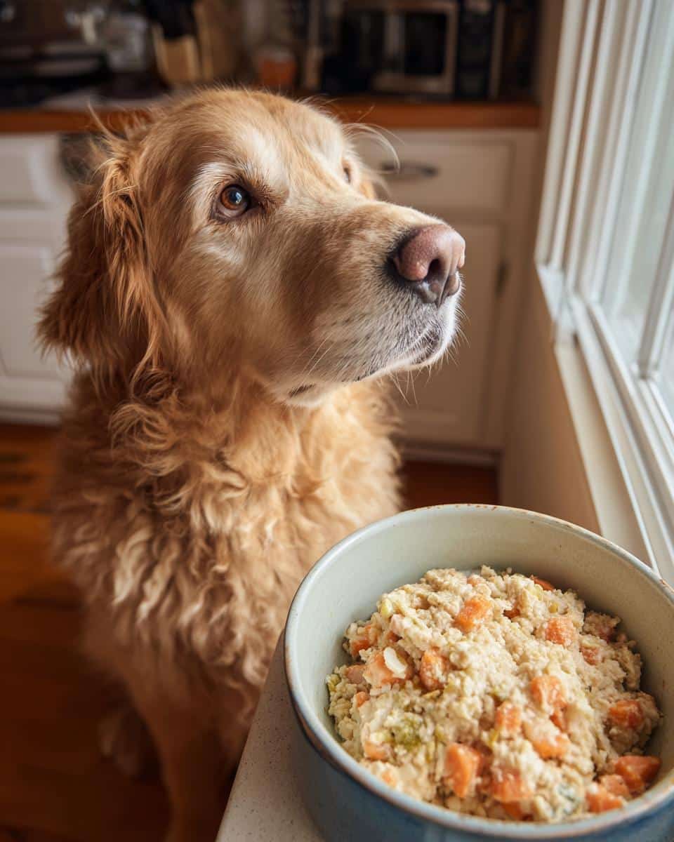Golden Retriever looking out the window, anticipating a bowl of Salmon & Oats Dog Recipe.
