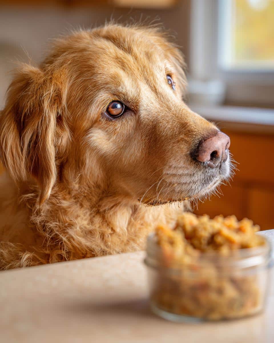 Golden Retriever looking longingly at a jar of Salmon & Pumpkin Dog Food. Focus on the dog's face.