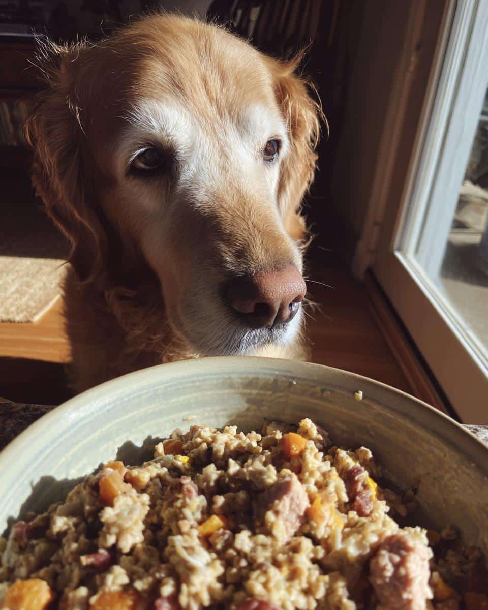 Golden Retriever dog looking at a bowl of Turkey & Oats Balanced Dog Recipe.