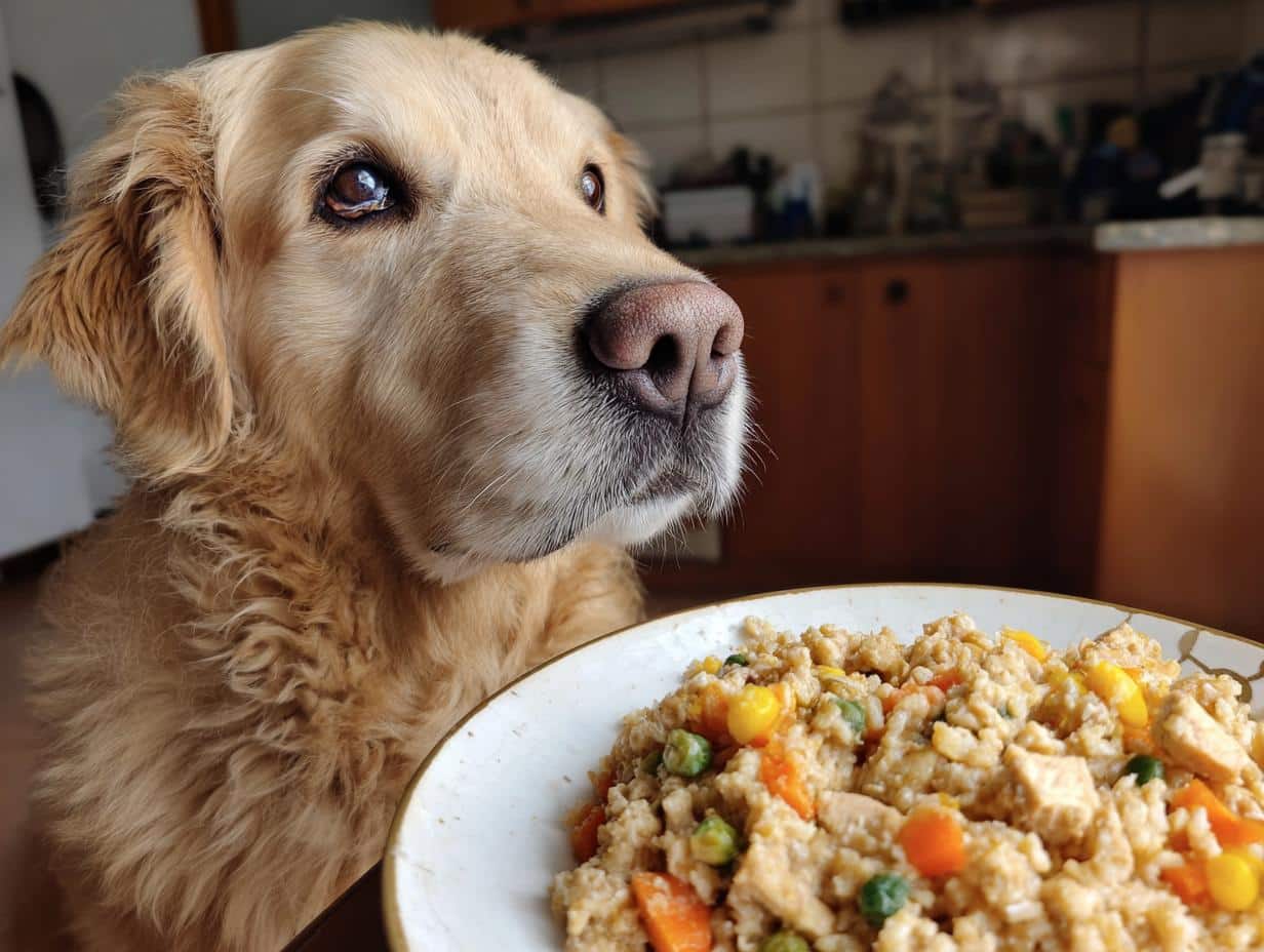 Golden Retriever looking at a bowl of Turkey & Oats Balanced Dog Recipe. Healthy homemade dog food.
