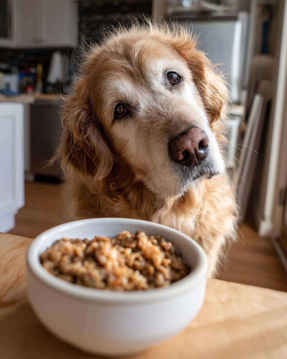 Golden Retriever dog looking at a bowl of Turkey & Quinoa Healthy Dog Food Recipe.