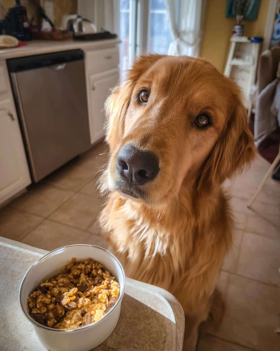 Golden retriever looking at the camera next to a bowl of Turkey & Quinoa Healthy Dog Food.