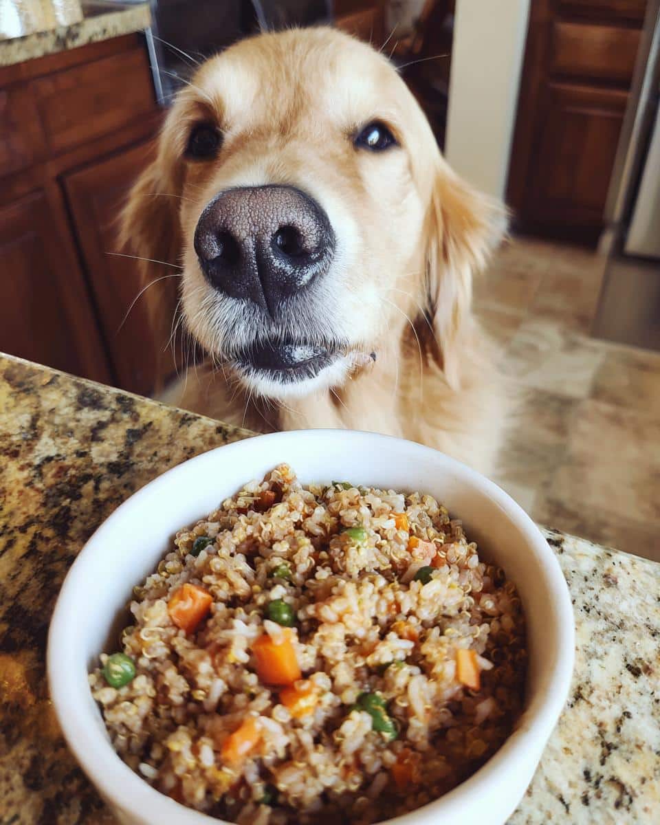 Golden Retriever dog looks longingly at a bowl of Vet-Approved Turkey & Quinoa Dog Meal.