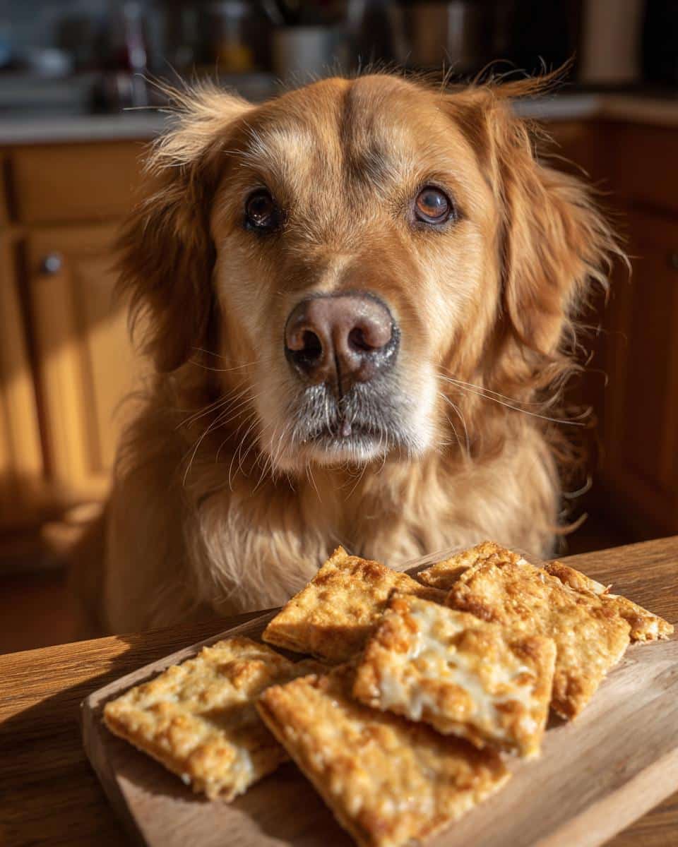Golden Retriever dog looking at the camera next to a plate of Turkey & Veggie Soup crackers.