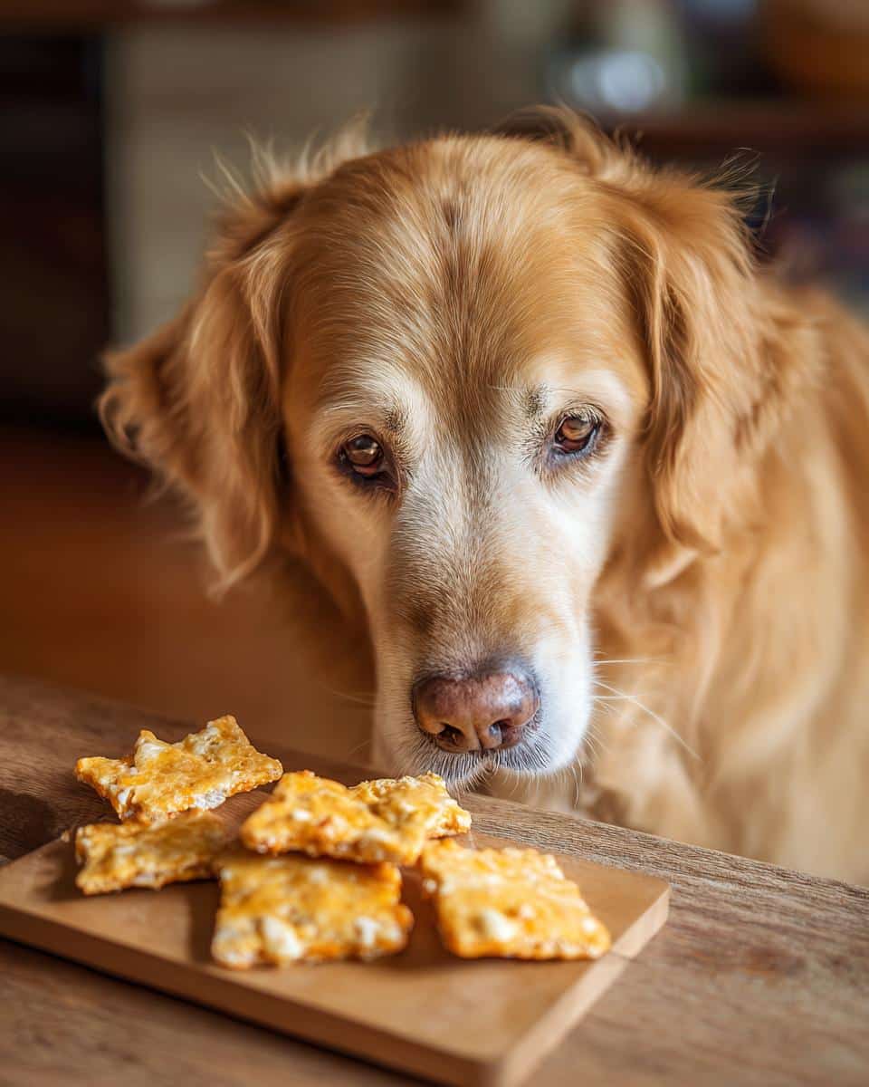 A golden retriever stares longingly at a wooden board with pieces of Turkey & Veggie Soup treat.