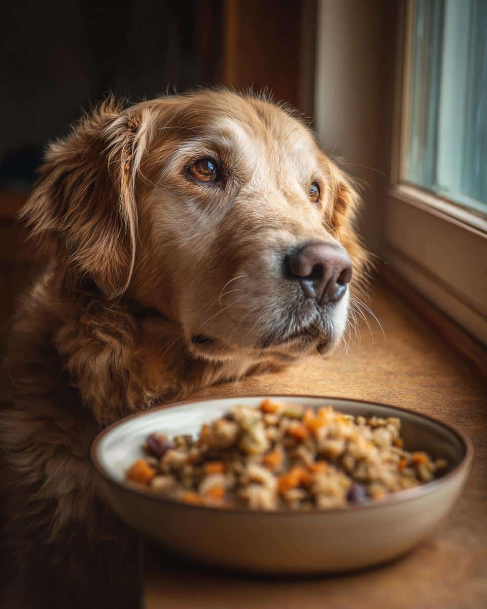Golden Retriever dog looking longingly at a bowl of Turkey & Zucchini Puppy Dog Food.