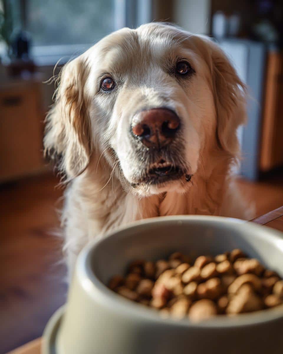 Golden Retriever looking at a bowl of XL Chicken & Brown Rice Large Dog Food.