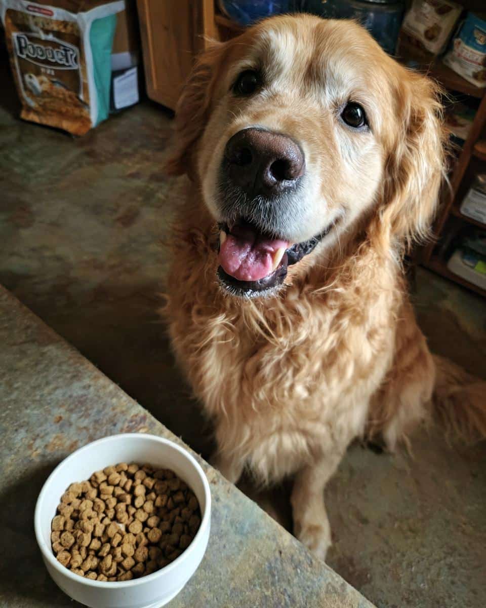 Golden Retriever looking eagerly at a bowl of XL Chicken & Brown Rice Large Dog Food.