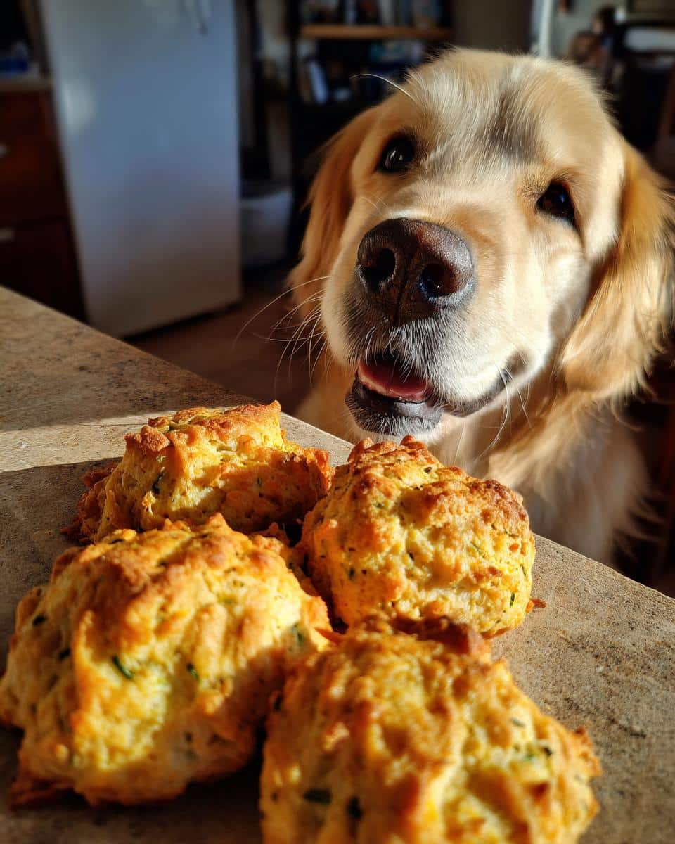 Golden Retriever dog looking at a batch of freshly baked Zucchini Cheddar Biscuits – Recipe for Dogs.