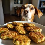 A plate of Green Bean & Chicken Patties for Dogs, with a dog looking longingly at them in the background.