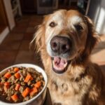 Golden Retriever smiling next to a bowl of homemade Ground Beef & Carrot Dog Food.