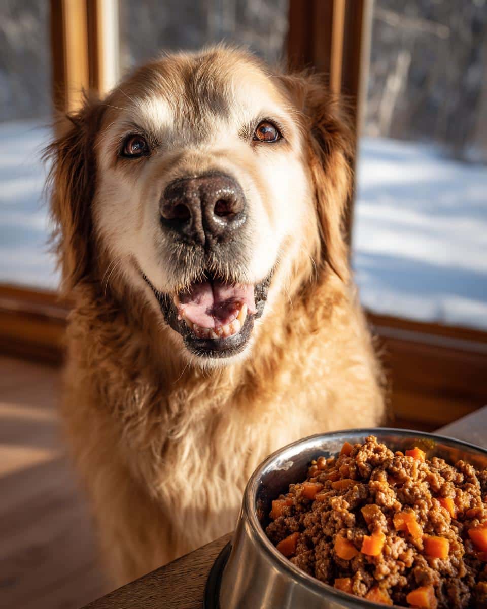 Golden Retriever looking happily at a bowl of Ground Beef & Carrot Dog Food.