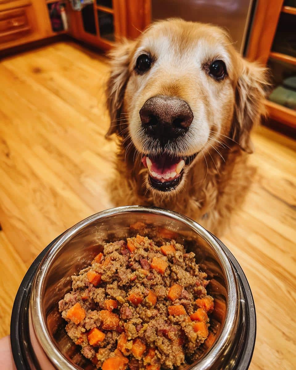 Golden retriever looking eagerly at a bowl of homemade Ground Beef & Carrot Dog Food.