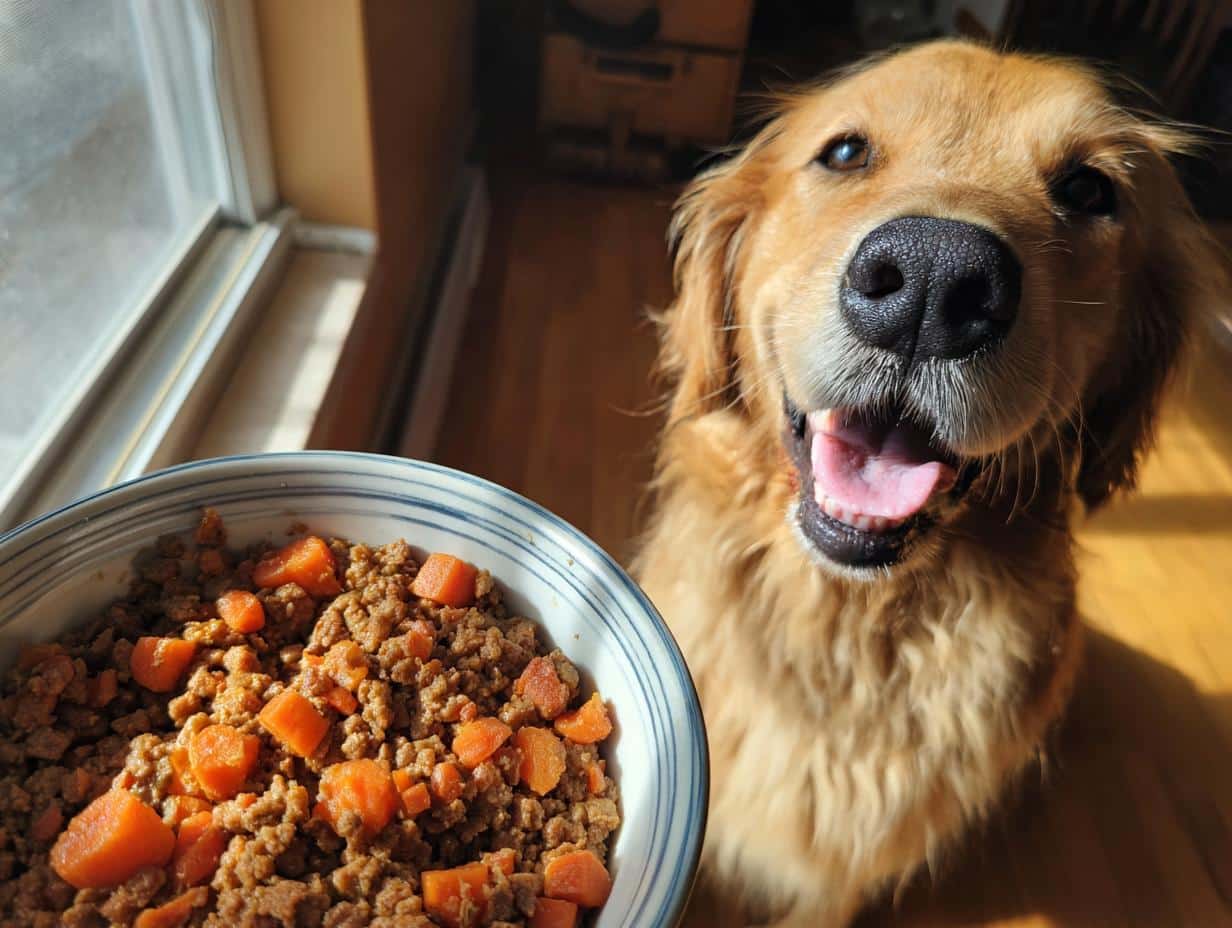 Happy golden retriever next to a bowl of Ground Beef & Carrot Dog Food, ready to eat.