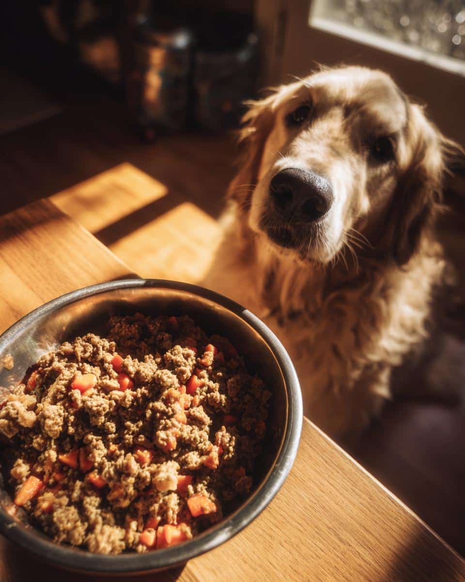 Golden Retriever dog looking at a bowl of Ground Beef & Carrot Dog Food on a wooden table in sunlight.