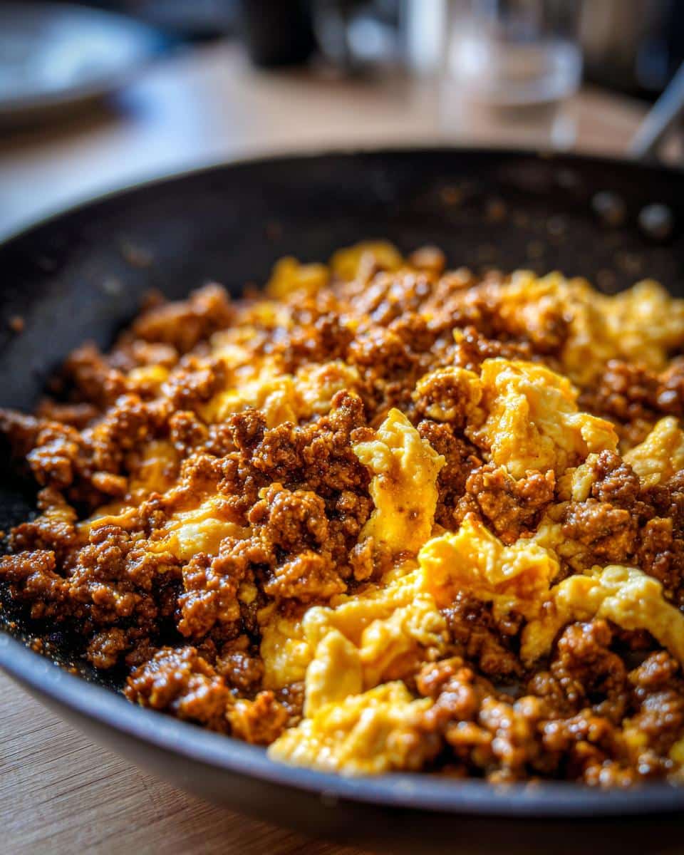Close-up of a Ground Beef and Egg Mix DOG RECIPE in a skillet, ready to serve.