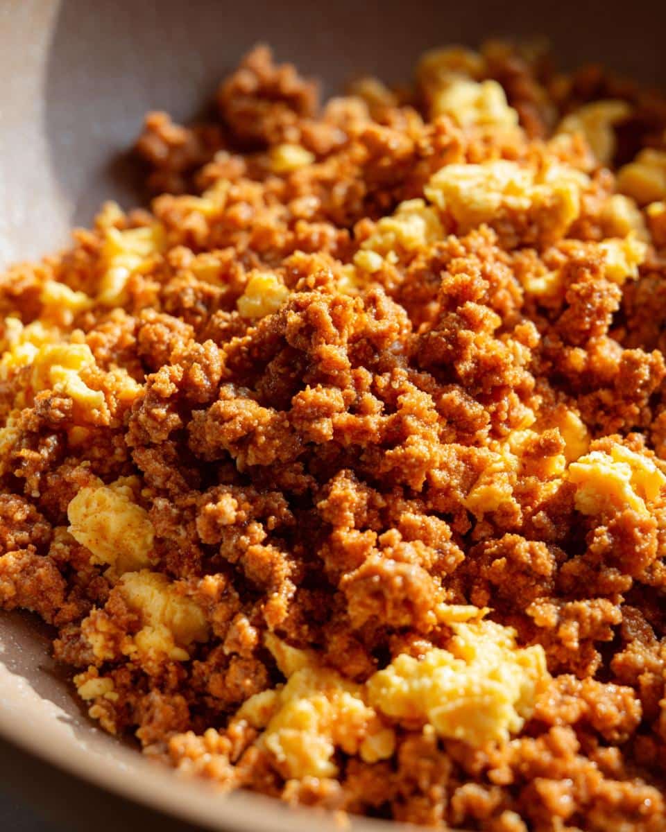 Close-up of Ground Beef and Egg Mix DOG RECIPE in a bowl, ready to serve.