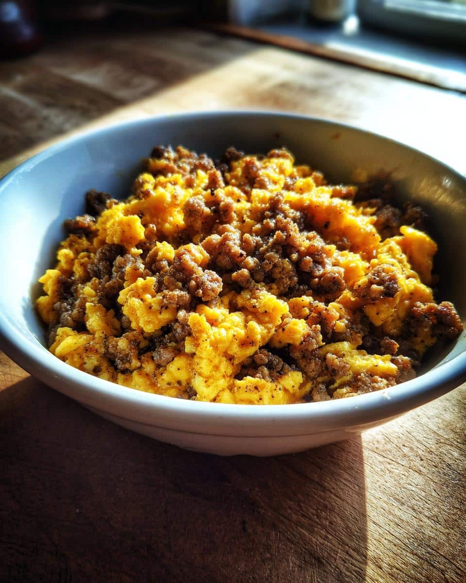 A bowl of Ground Beef and Egg Mix DOG RECIPE, perfect for a nutritious meal for your canine companion.