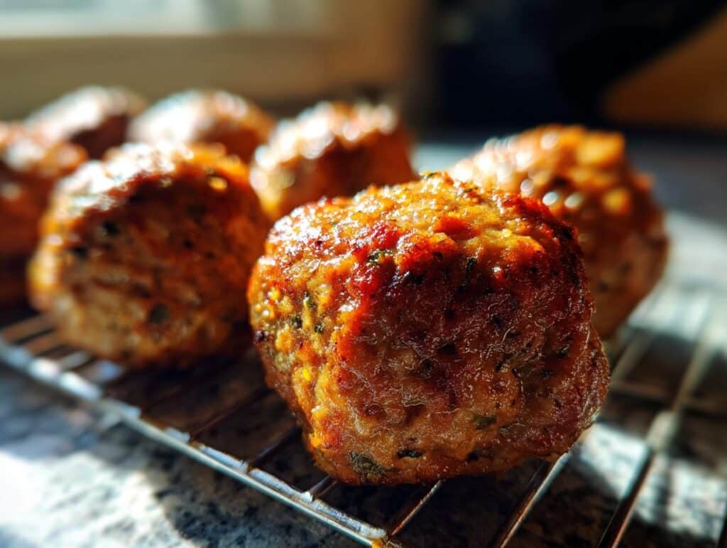 Close-up of freshly cooked Ground Chicken Meatballs for Dogs cooling on a wire rack.