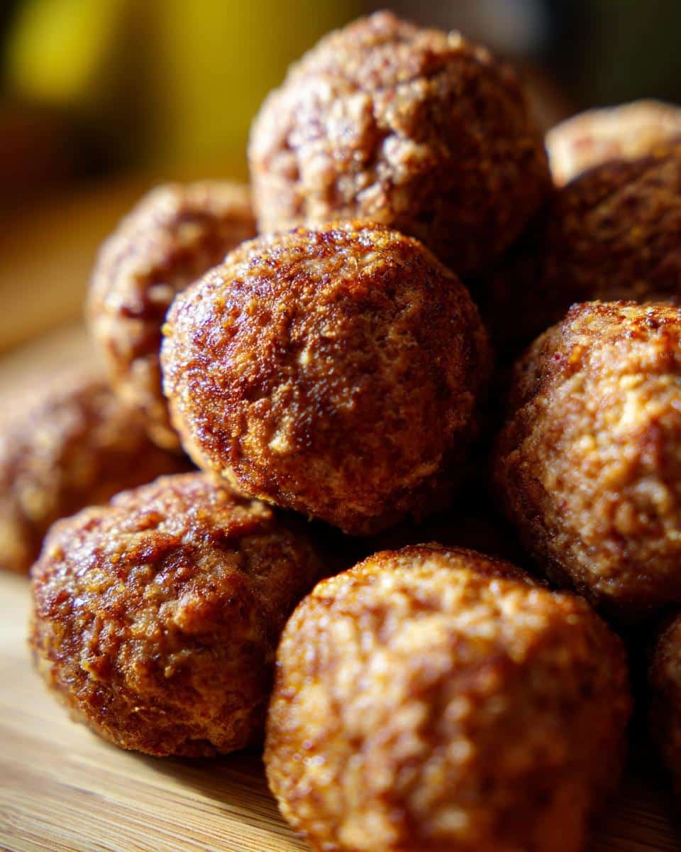 A close-up of freshly cooked Ground Chicken Meatballs for Dogs, stacked on a wooden surface.