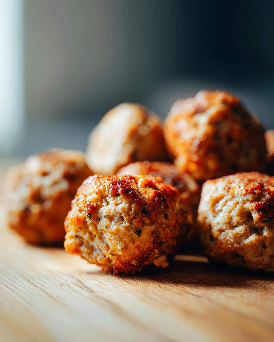 Close-up of freshly cooked Ground Chicken Meatballs for Dogs, piled on a wooden surface.