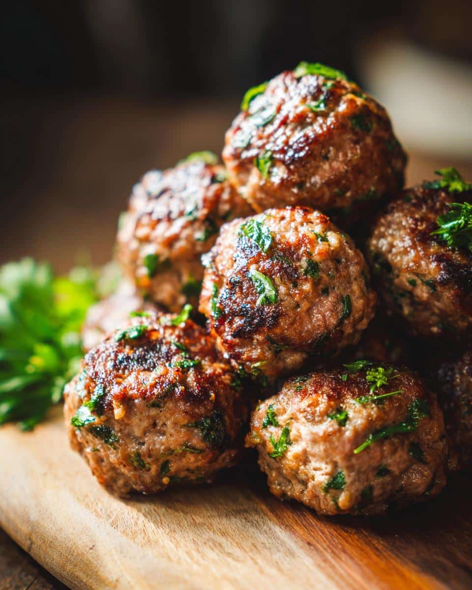 Pile of Ground Chicken Meatballs for Dogs, garnished with parsley, on a wooden board.