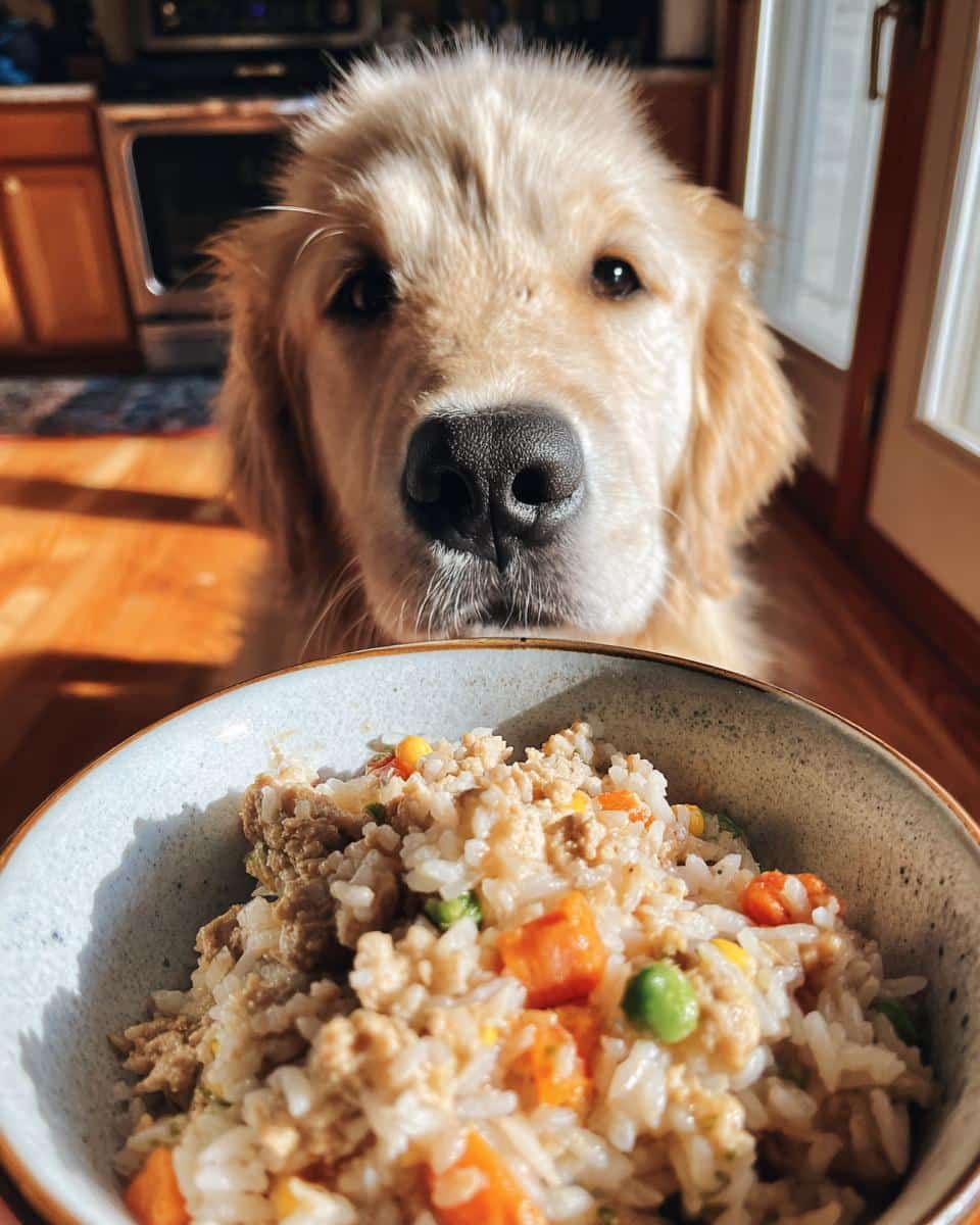 Golden retriever puppy looking at a bowl of Ground Turkey & Rice Easy Dog Recipe.