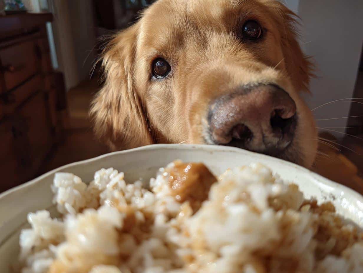 Golden Retriever dog looking longingly at a bowl of Ground Turkey & Sweet Potato Puppy Dog Meal.