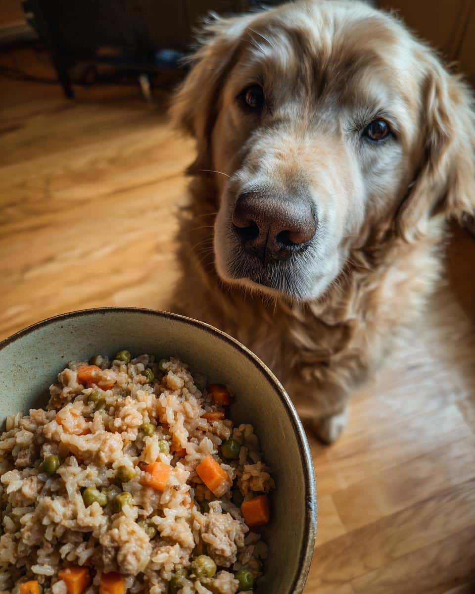 Golden Retriever dog looking at a bowl of Ground Turkey & Veggie Dog Food. Healthy pet food recipe.