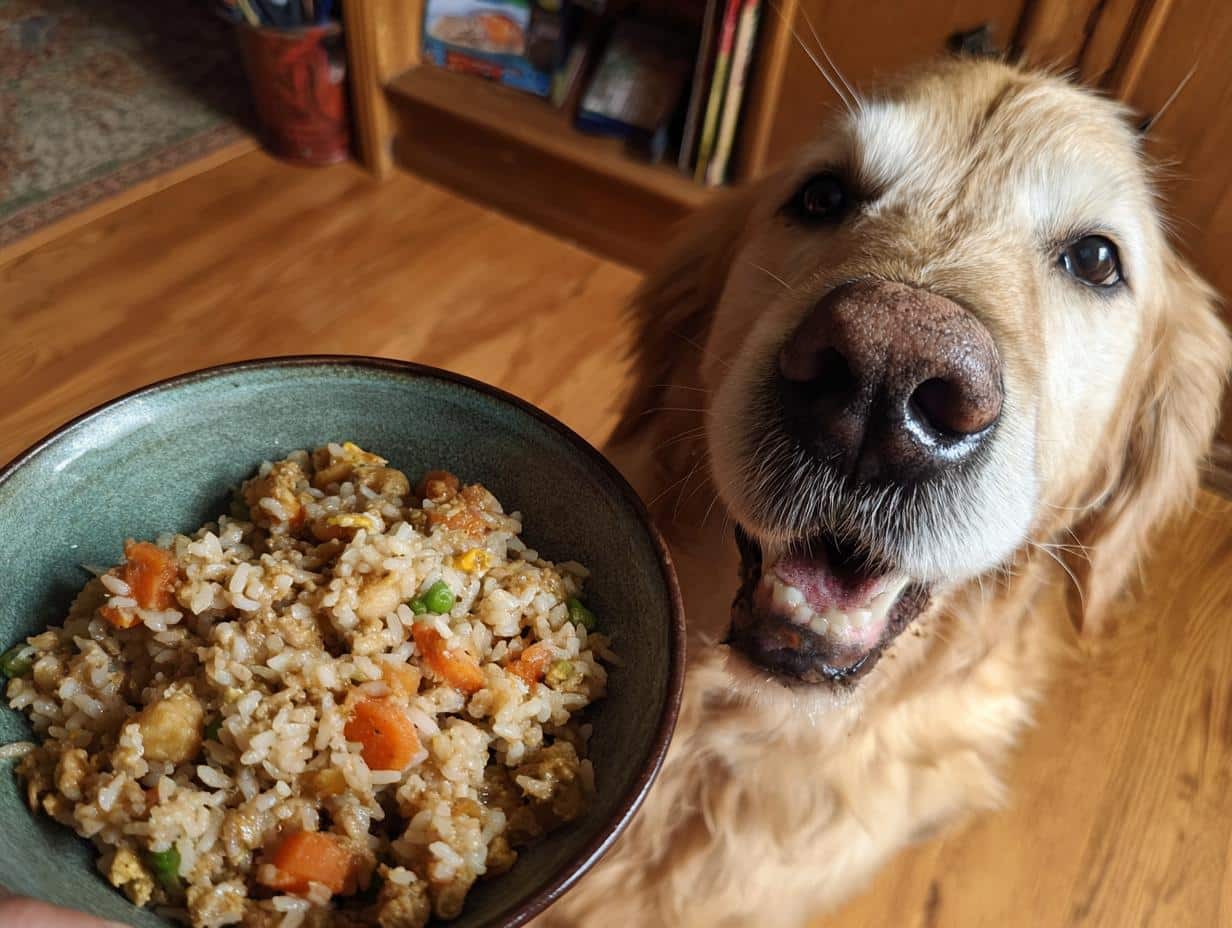 Happy Golden Retriever dog looking at a bowl of Ground Turkey & Veggie Dog Food Recipe.