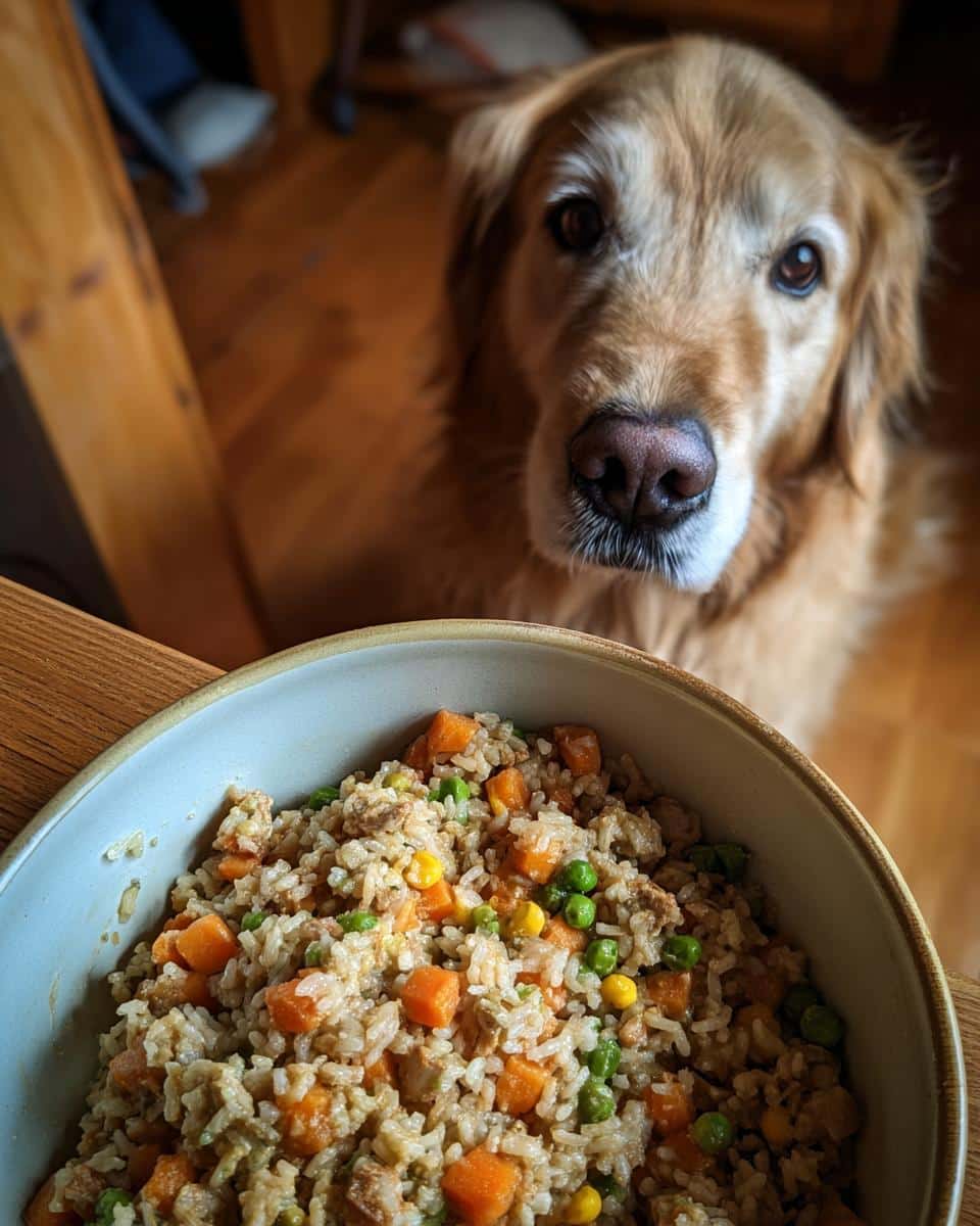 Golden retriever looking at a bowl of Ground Turkey & Veggie Dog Food Recipe.