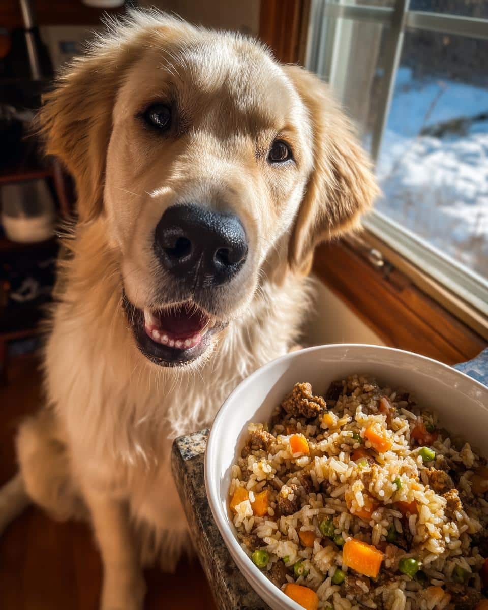 Golden Retriever dog looks happily at a bowl of Beef & Carrot Dog Food ready to eat.