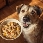 Happy dog looking at the camera next to a bowl of Best Chicken & Rice Dog Food.