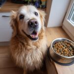 Golden Retriever looking happily at a bowl of XL Chicken & Brown Rice Large Dog Food.