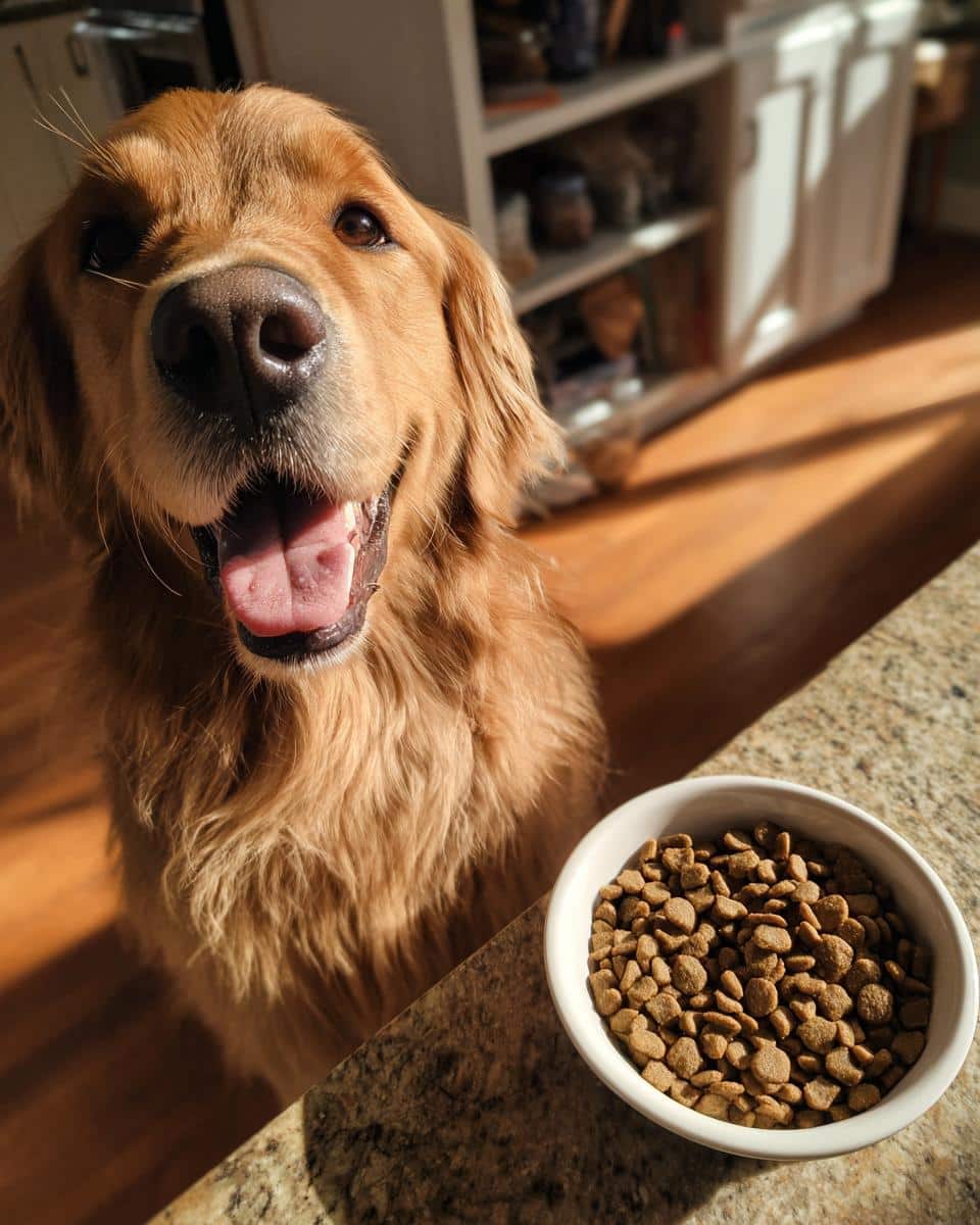 Golden Retriever looking happily at a bowl of XL Chicken & Brown Rice Large Dog Food.