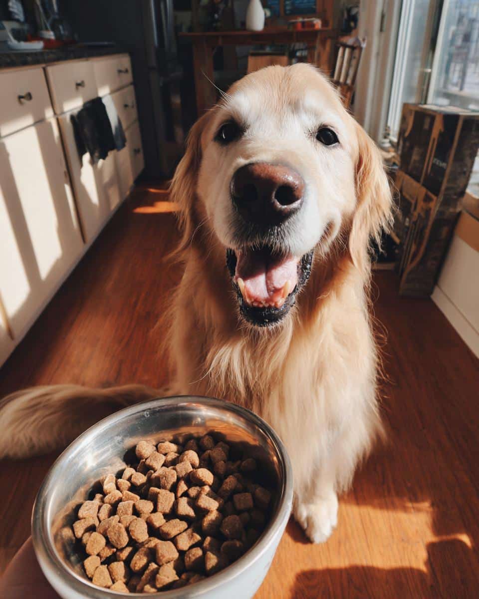 Golden Retriever eagerly awaits a bowl of XL Chicken & Brown Rice Large Dog Food.