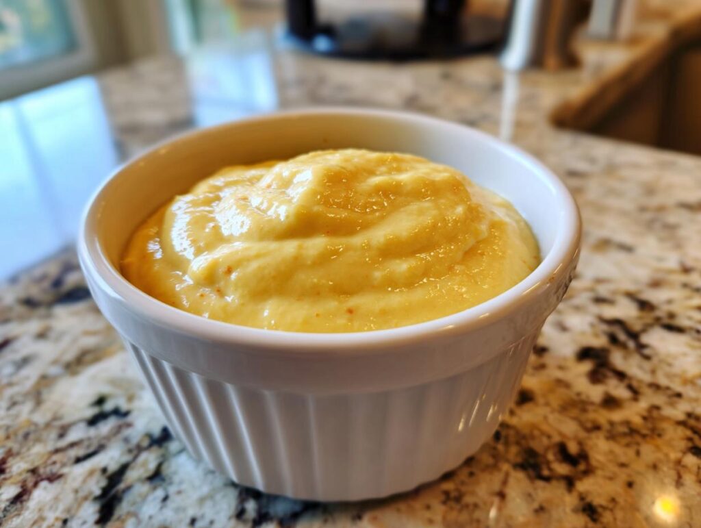 A bowl of creamy, yellow Homemade Banana Smoothie for Dogs, ready to be served as a tasty treat.