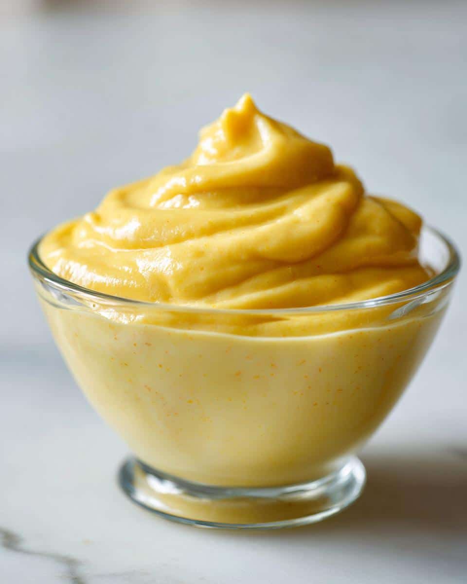 A bowl of Homemade Banana Smoothie for Dogs. Creamy, yellow smoothie in a textured blue bowl.