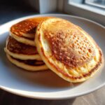 A stack of golden brown Homemade Dog Pancakes on a white plate, ready to be served as a tasty treat.