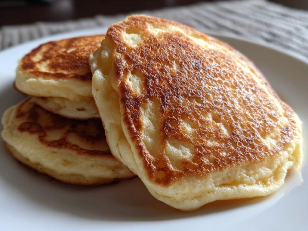 A stack of three golden Homemade Dog Pancakes sits on a white plate, ready to be served as a tasty treat.