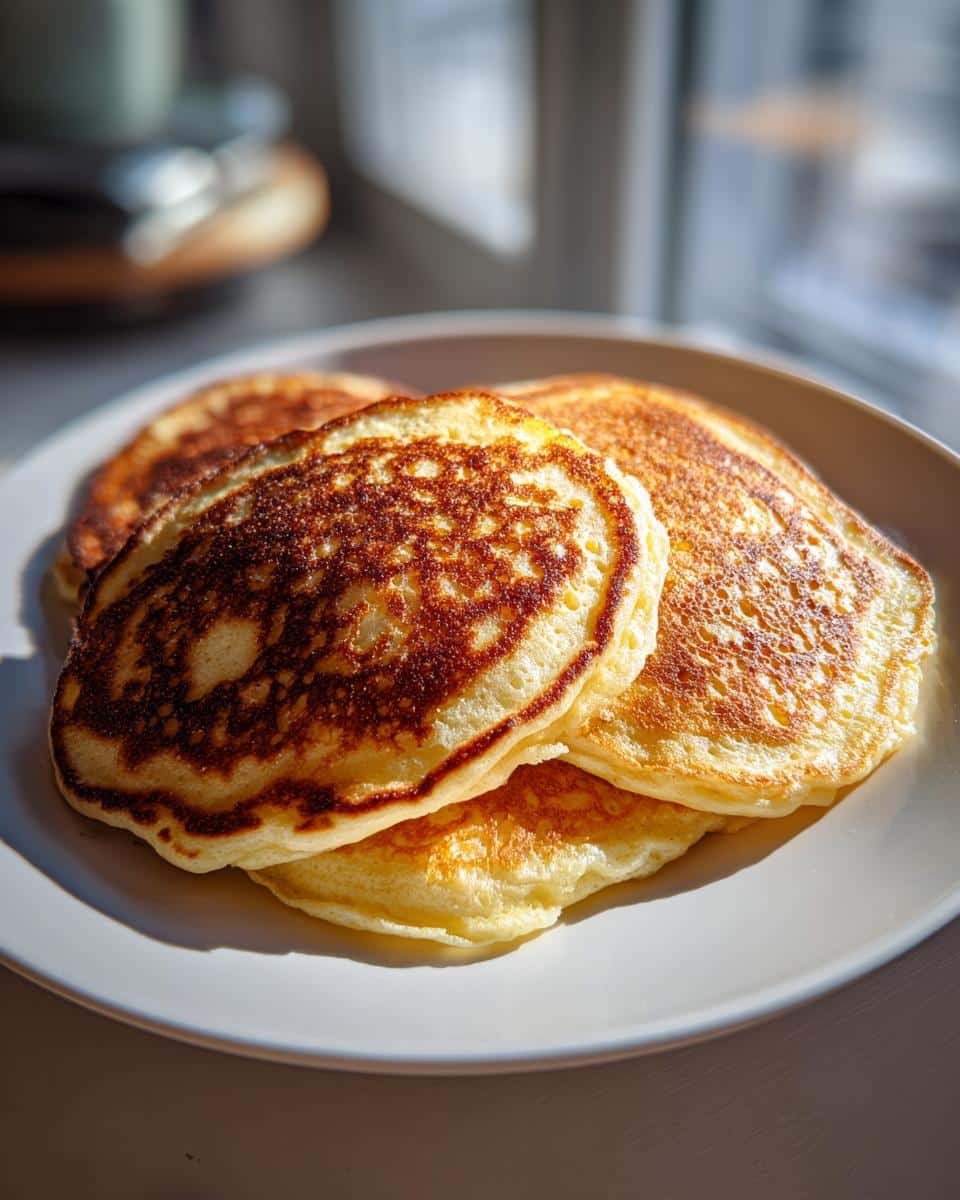 A stack of three golden brown Homemade Dog Pancakes on a white plate, ready to be served as a tasty treat.