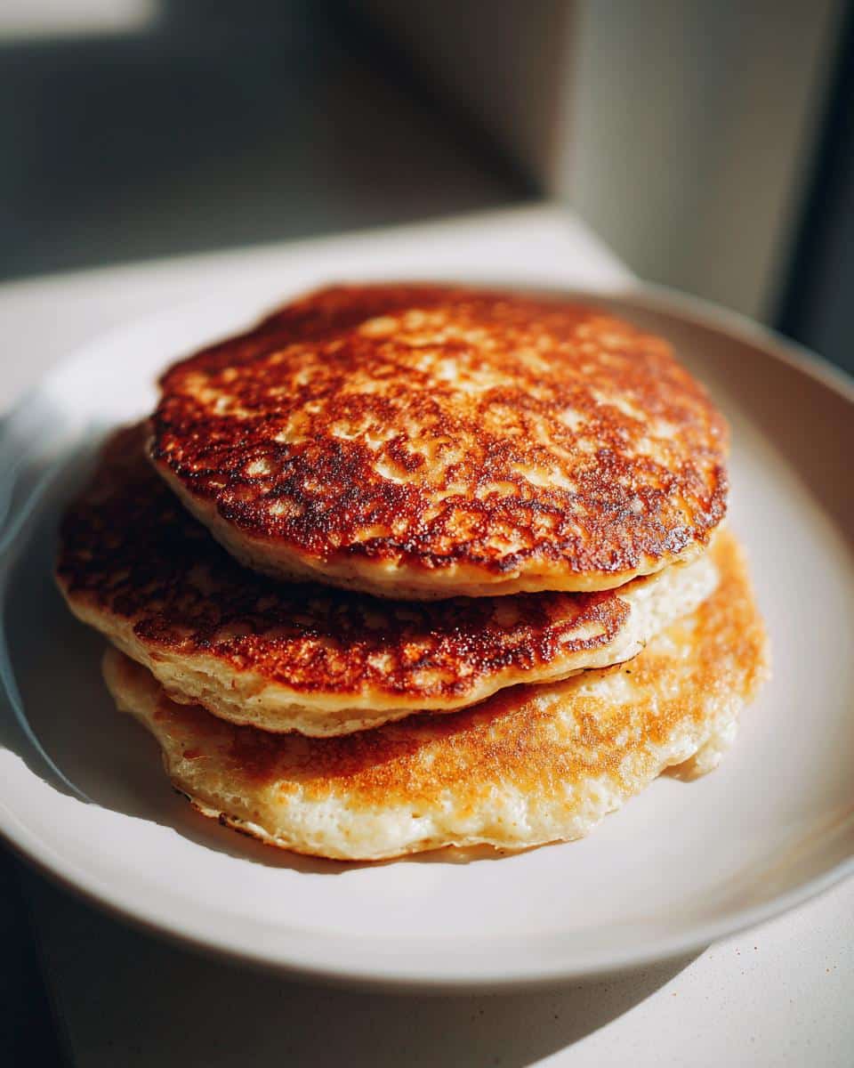 A stack of three golden brown Homemade Dog Pancakes on a white plate, ready to be served.