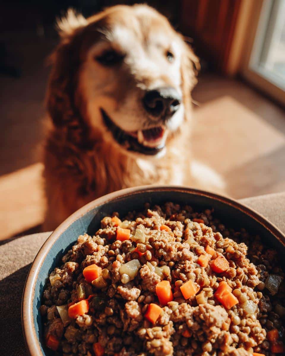A bowl of Lamb & Lentil Balanced Dog Recipe with a happy golden retriever in the background.