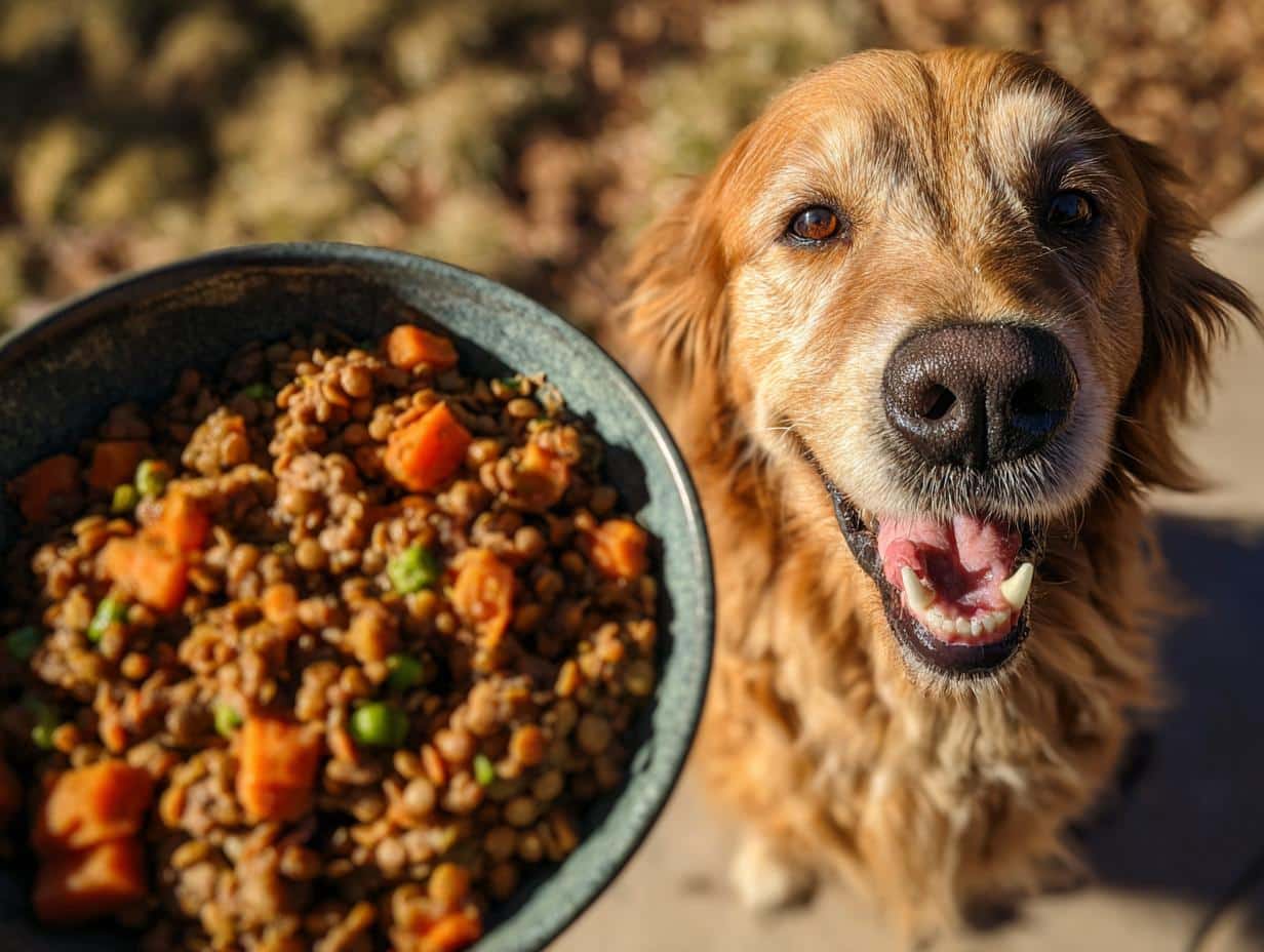 Golden Retriever looking eagerly at a bowl of Lamb & Lentil Balanced Dog Recipe.