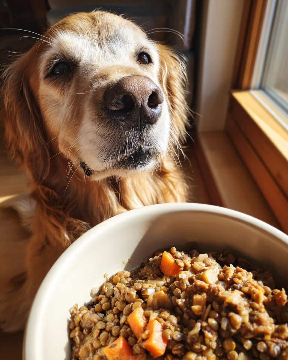 Golden Retriever dog looking at a bowl of Lamb & Lentil Balanced Dog Recipe.