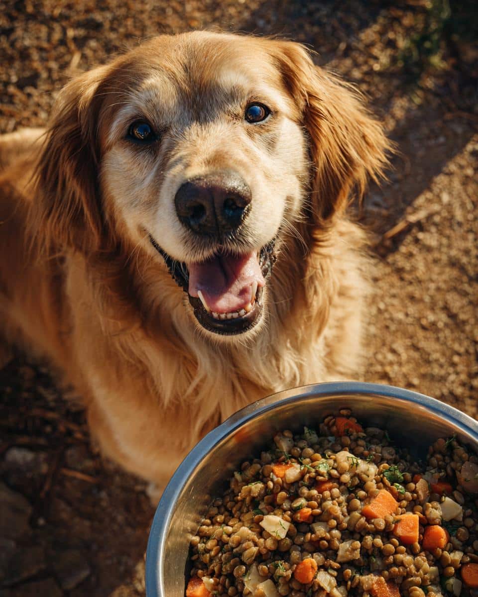 Golden retriever looking happily at a bowl of Lamb & Lentil Balanced Dog Recipe.