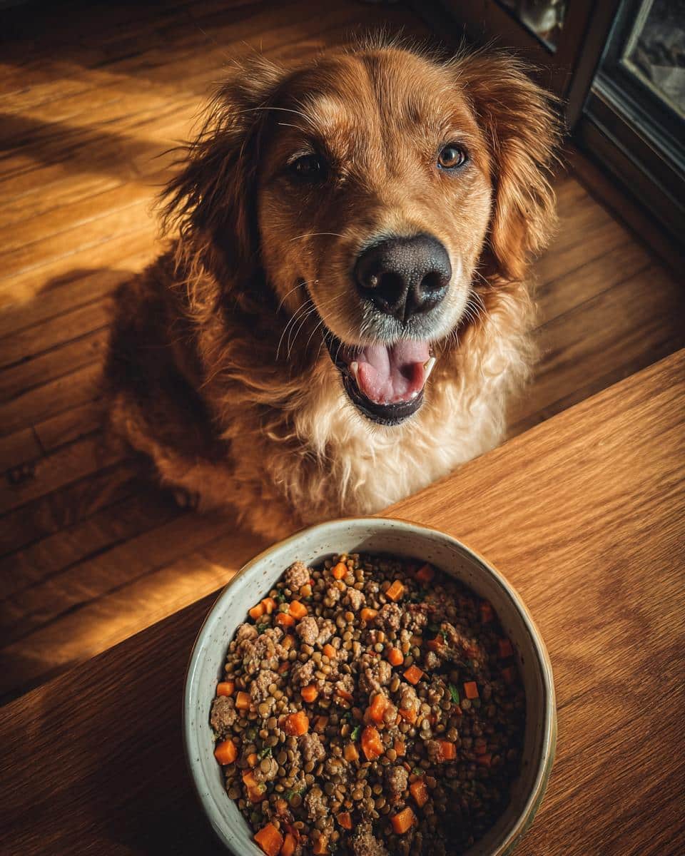 Golden Retriever looking eagerly at a bowl of Lamb & Lentil Balanced Dog Recipe.